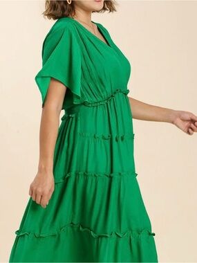 NWT Umgee Size 1xl Emerald Green V-Neck Tiered Maxi Dress